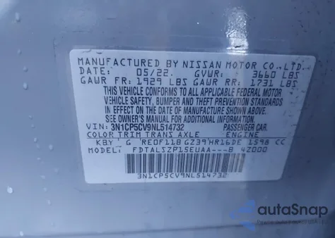 2022 Nissan Kicks Sv Xtronic Cvt z USA, uszkodzony, nr VIN 3N1CP5CV9NL514732